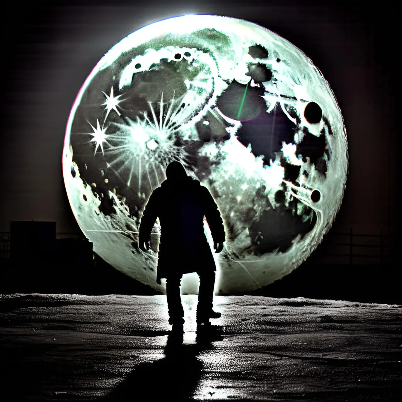 a person standing in front of a large moon