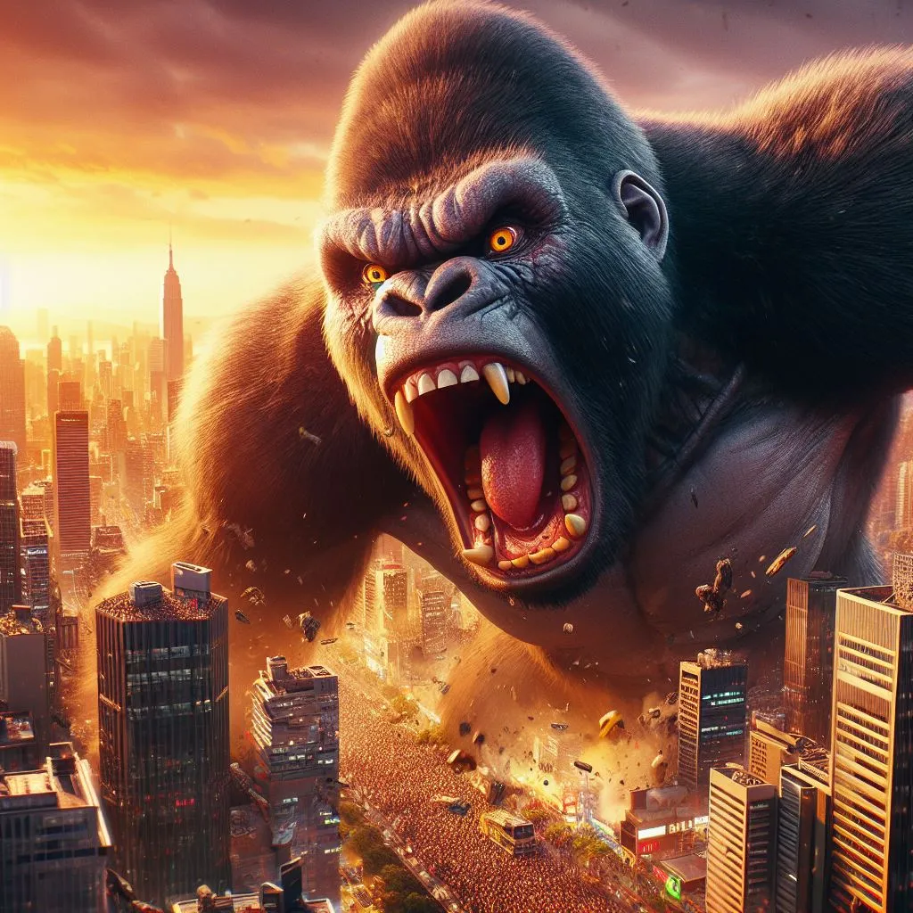 a gorilla with its mouth open in front of a city