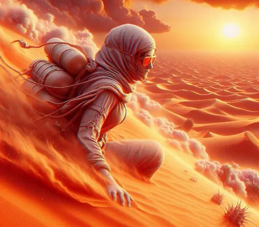 a painting of a man in a space suit in the desert