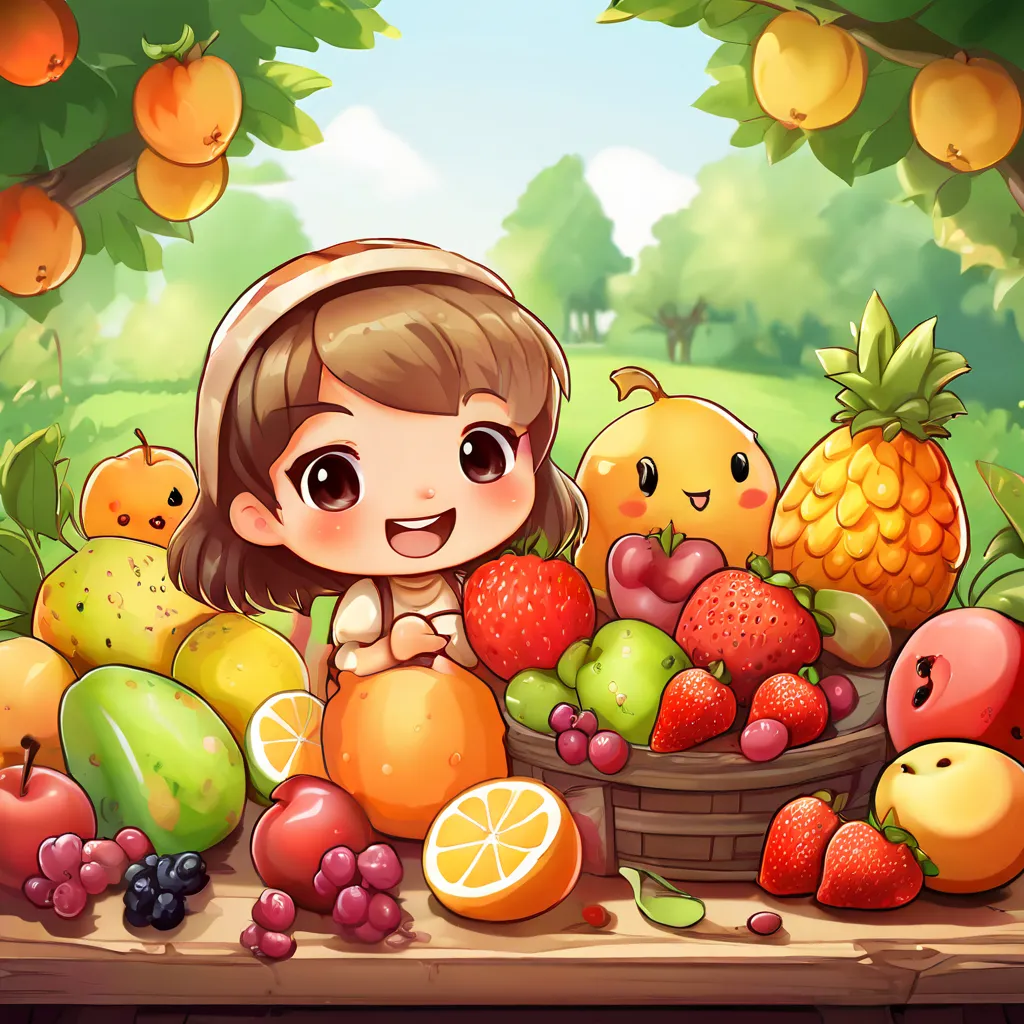 a cartoon girl surrounded by fruits and vegetables