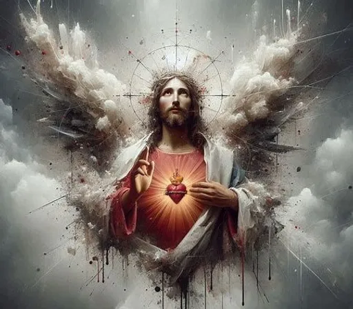 jesus holding a heart surrounded by clouds