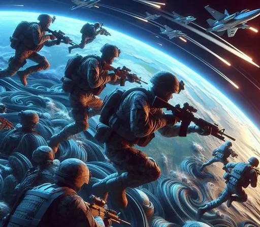 a group of soldiers standing on top of a planet