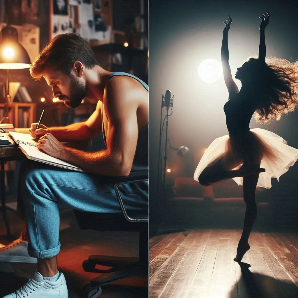 A quick montage of images of the two protagonists, he sitting on a chair writing lyrics and she dancing in the room, both immersed in their art.