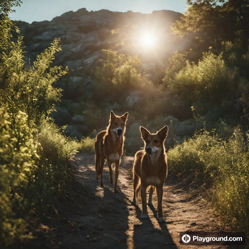 a couple of dogs walking down a dirt road