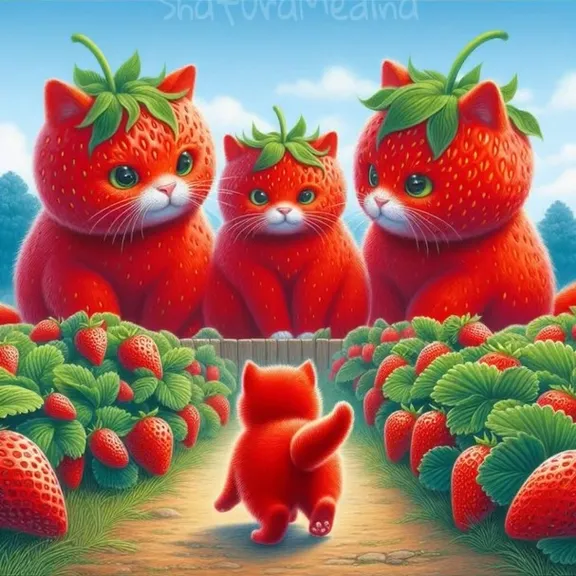 a painting of three cats standing in a strawberry field