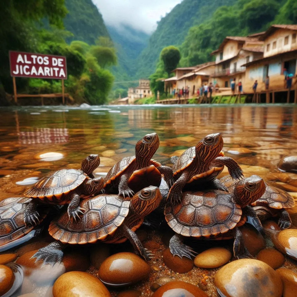 a group of turtles sitting on top of a pile of rocks