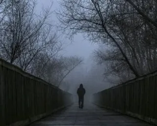 a person walking on a bridge in the fog