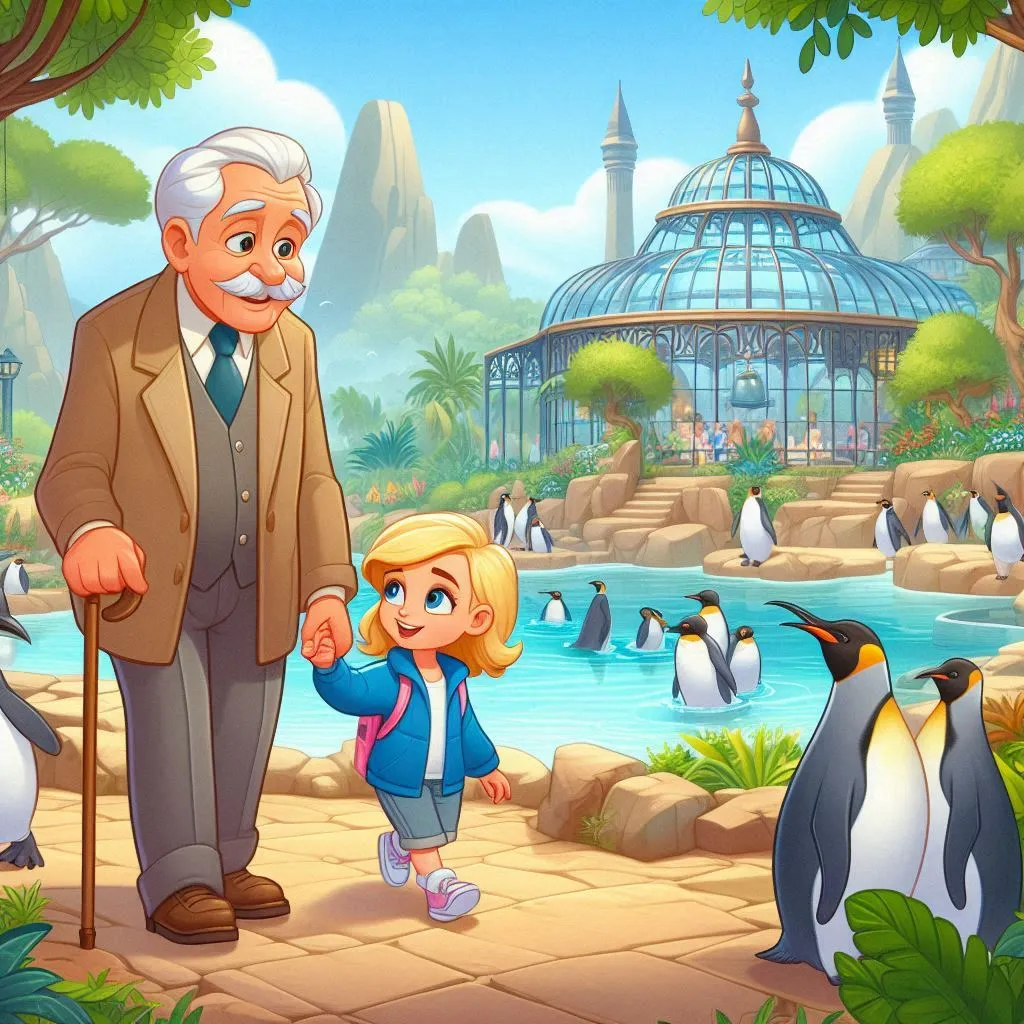 an old man and a little girl standing in front of a penguin pond