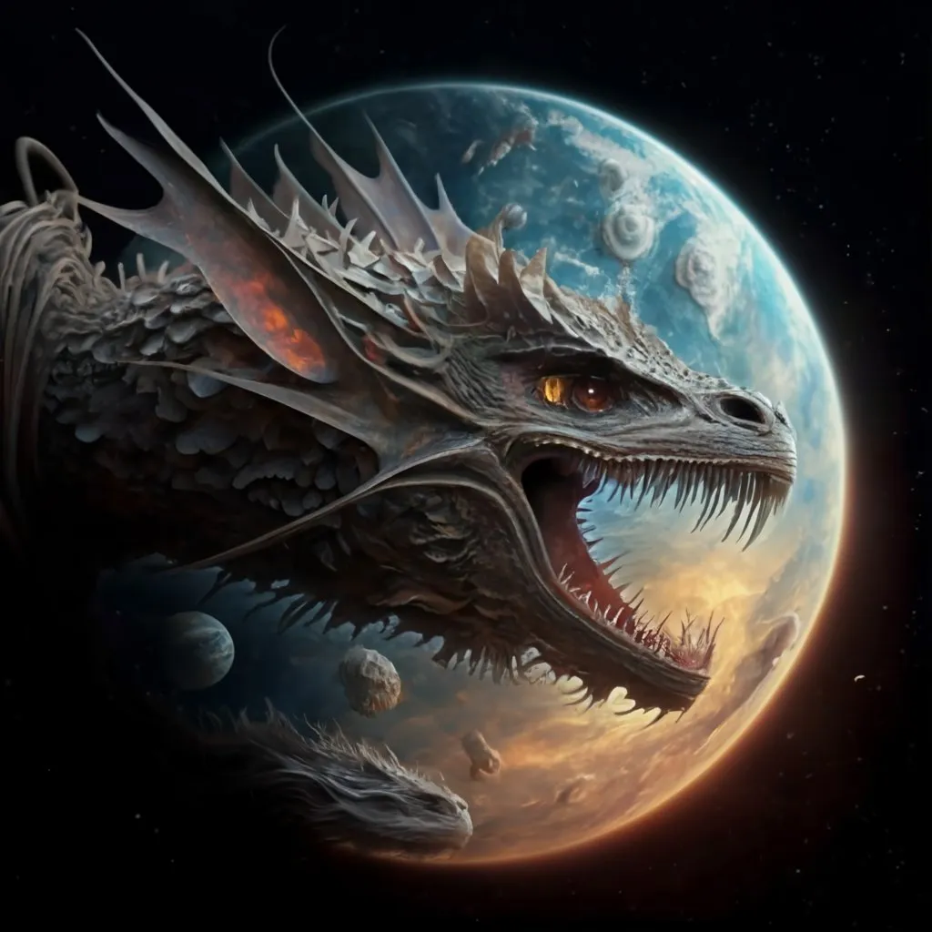 a dragon with its mouth open in front of a planet