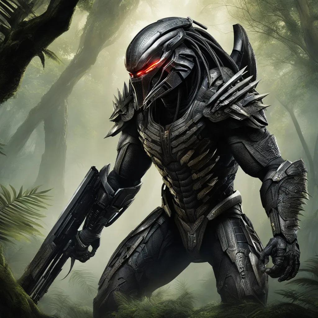 “Create a 30-second video of a powerful and intimidating Predator. Show the Predator in a dynamic and imposing pose, highlighting its advanced armor and technology. Use dark, atmospheric jungle or alien landscape as the background. Add dramatic lighting and effects to emphasize the Predator’s fierce presence.”, advertising style