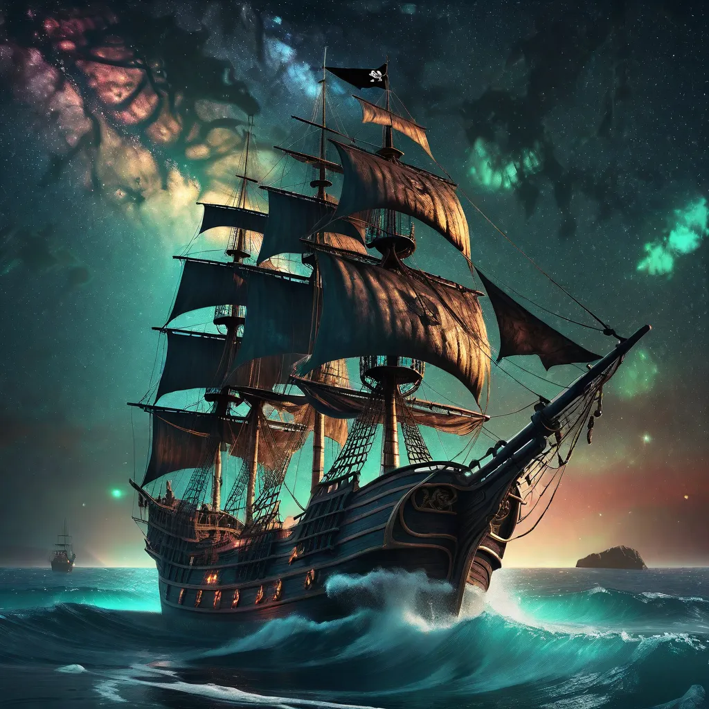 a painting of a pirate ship in the ocean