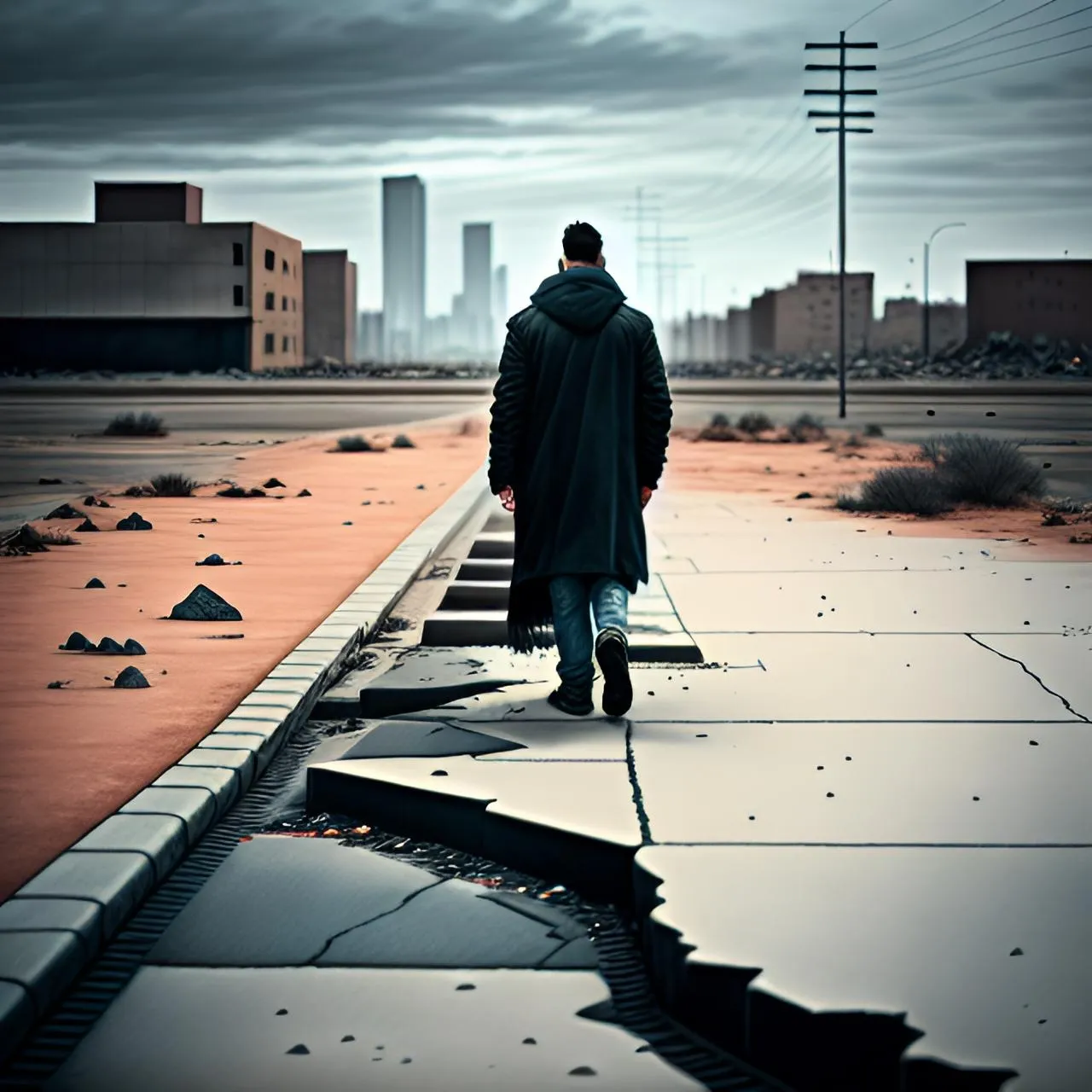 a man walking down a street next to a puddle