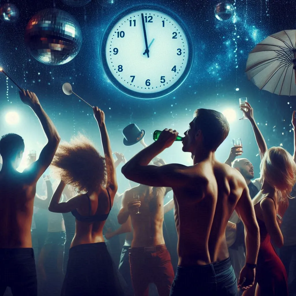 Scene: Midnight shot, everyone dancing tirelessly Characters: Whole club, with focus on the friends Details: Clock showing midnight in the night club, drinks being raised, bodies in constant motion