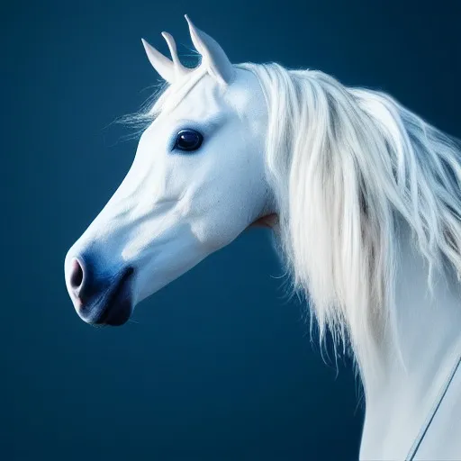 a white horse with blue eyes and a long mane show jumping