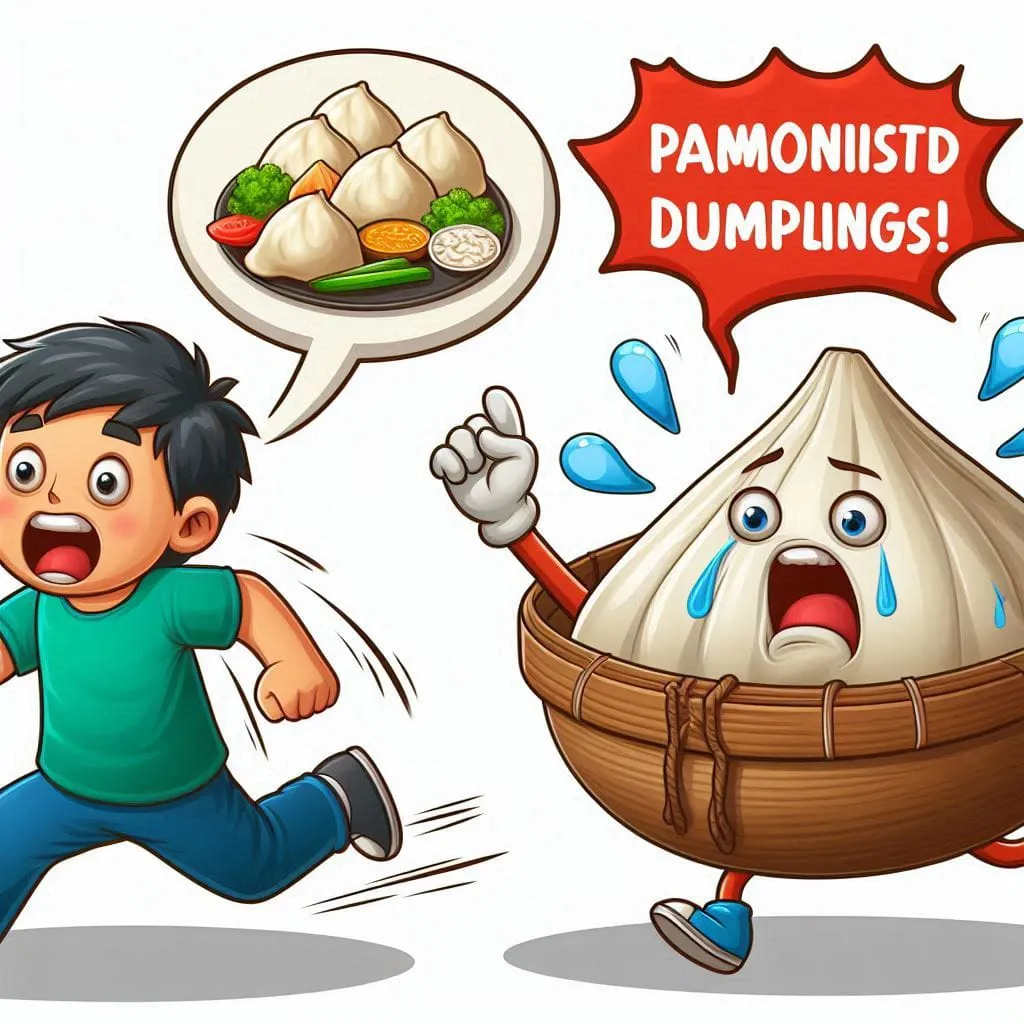 a boy running away from a dumpling basket