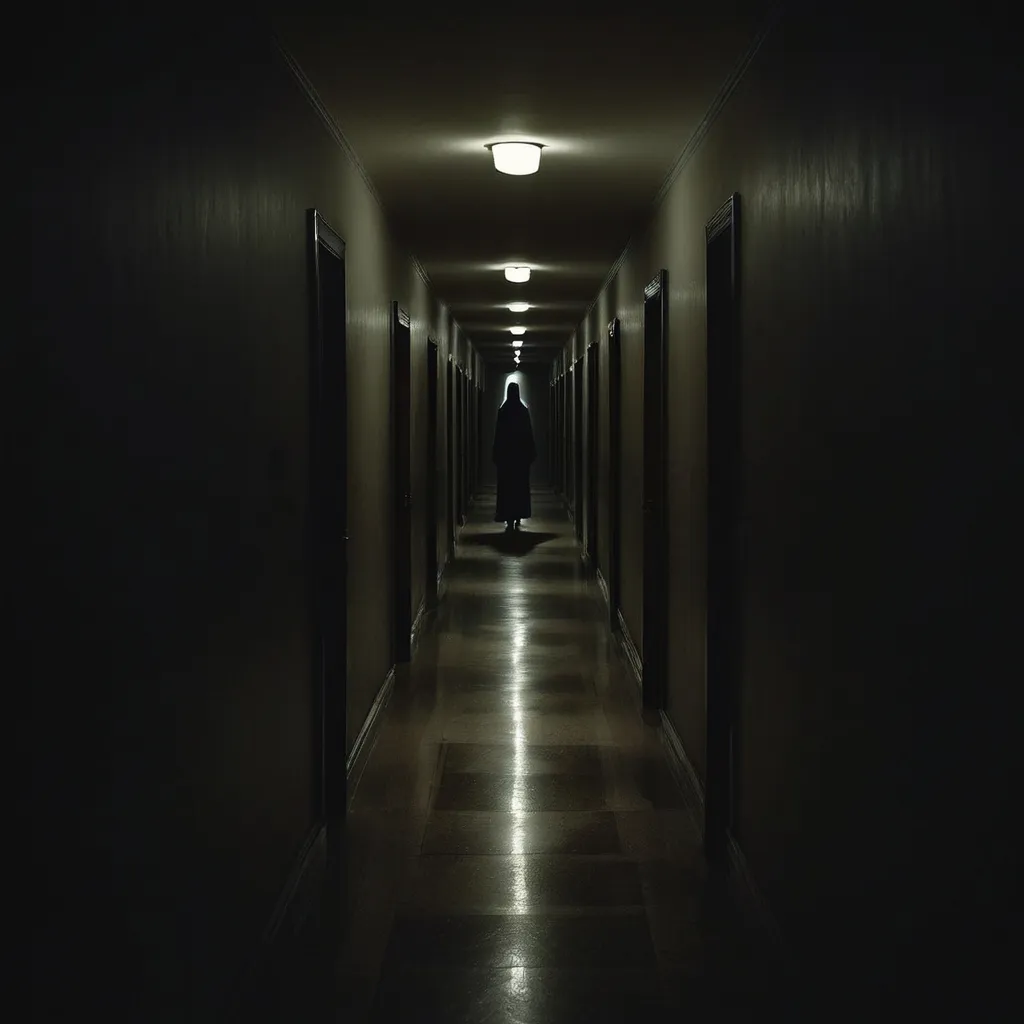 a person walking down a long hallway in the dark