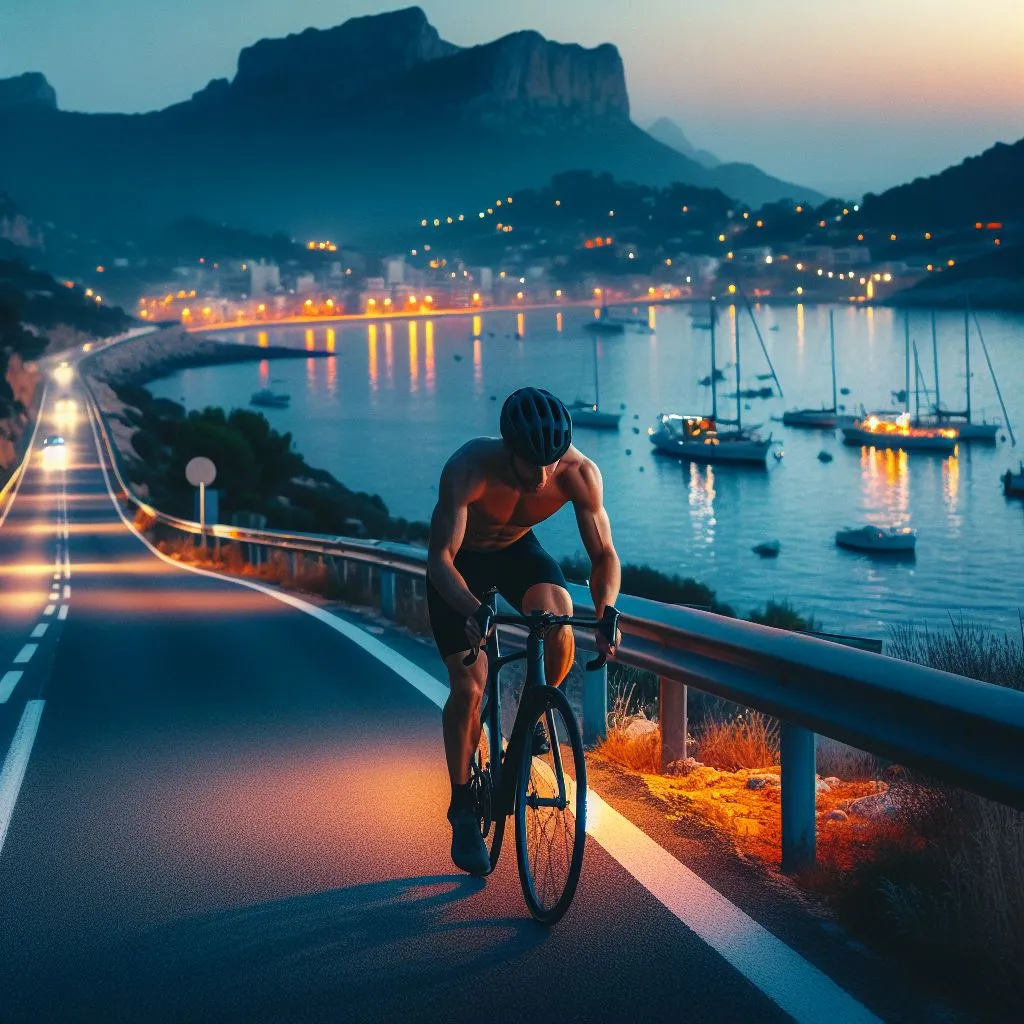 The cyclist pedals along a coastal road, with the ocean and boat lights in the distance.