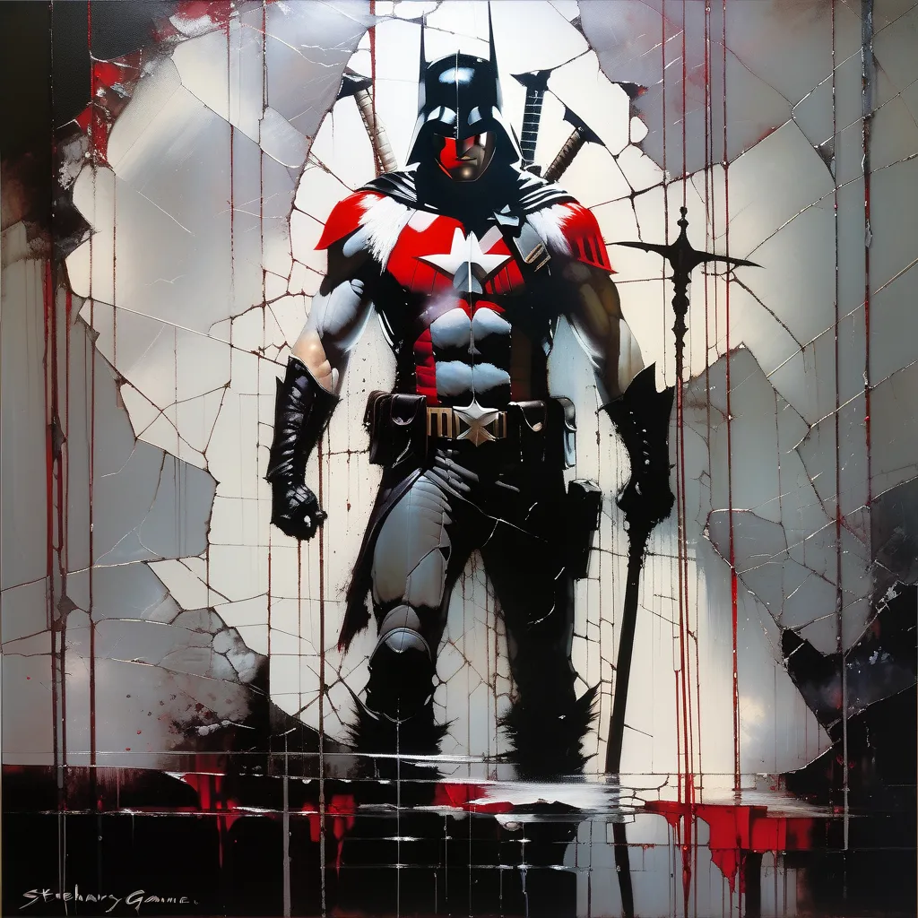 a painting of a batman standing in front of a broken mirror