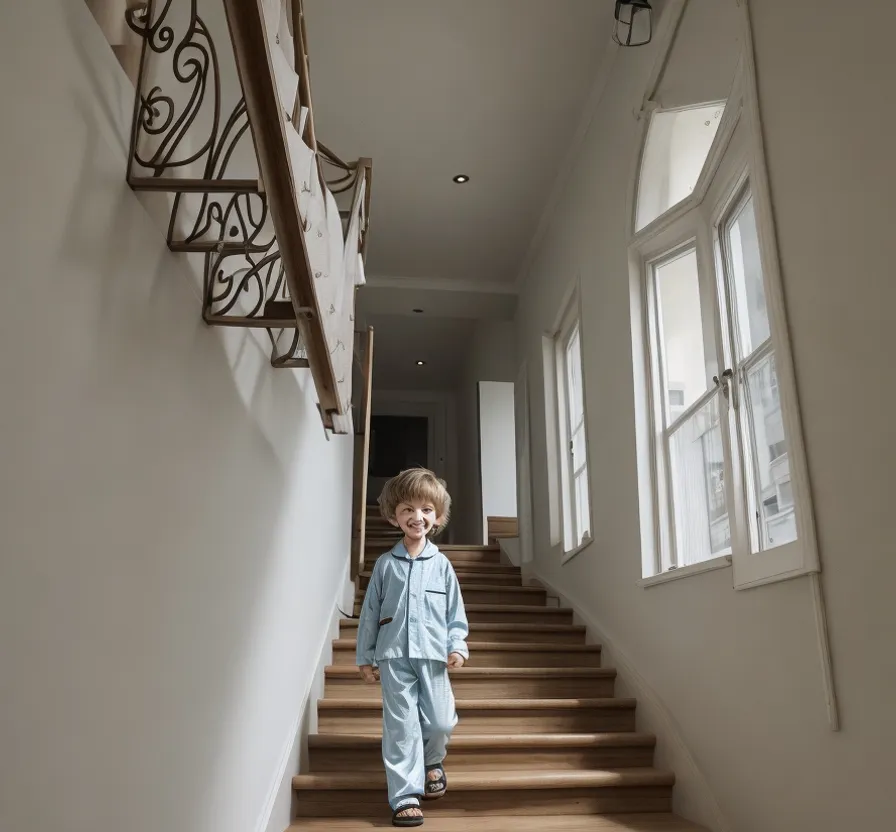 Only one little boy that is walking down from stairs