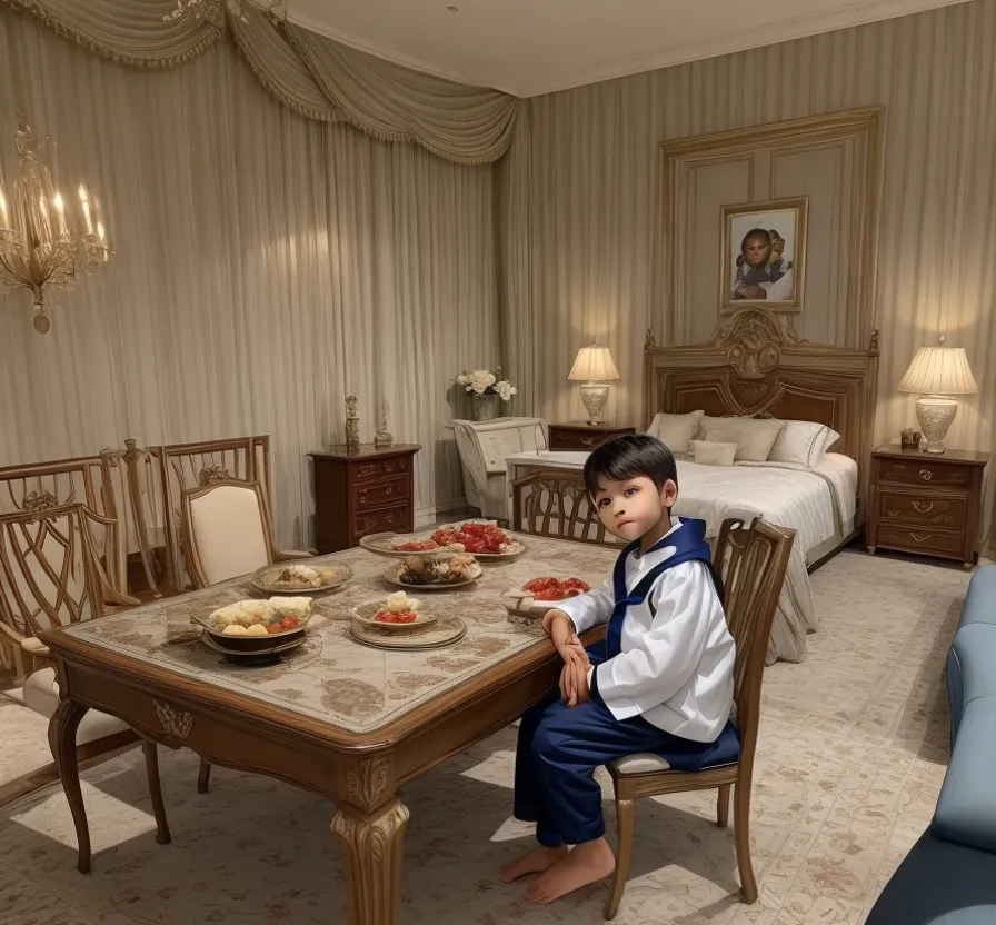 a little boy sitting at a table with food on it and smiling