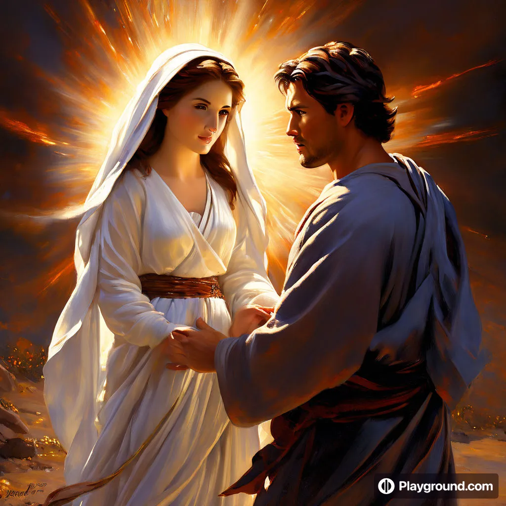 a painting of jesus and a woman dressed in white