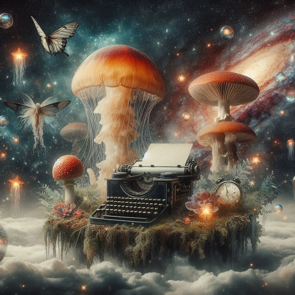 a painting of a typewriter surrounded by mushrooms and butterflies