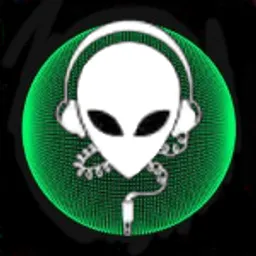 an alien with headphones and a green circle TURN INTO DUST AND BLOW AWAY TO THE RIGHT 