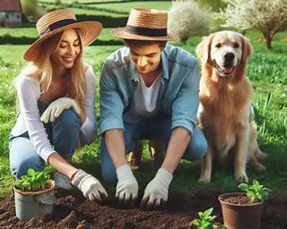 a man and a woman are gardening with a dog