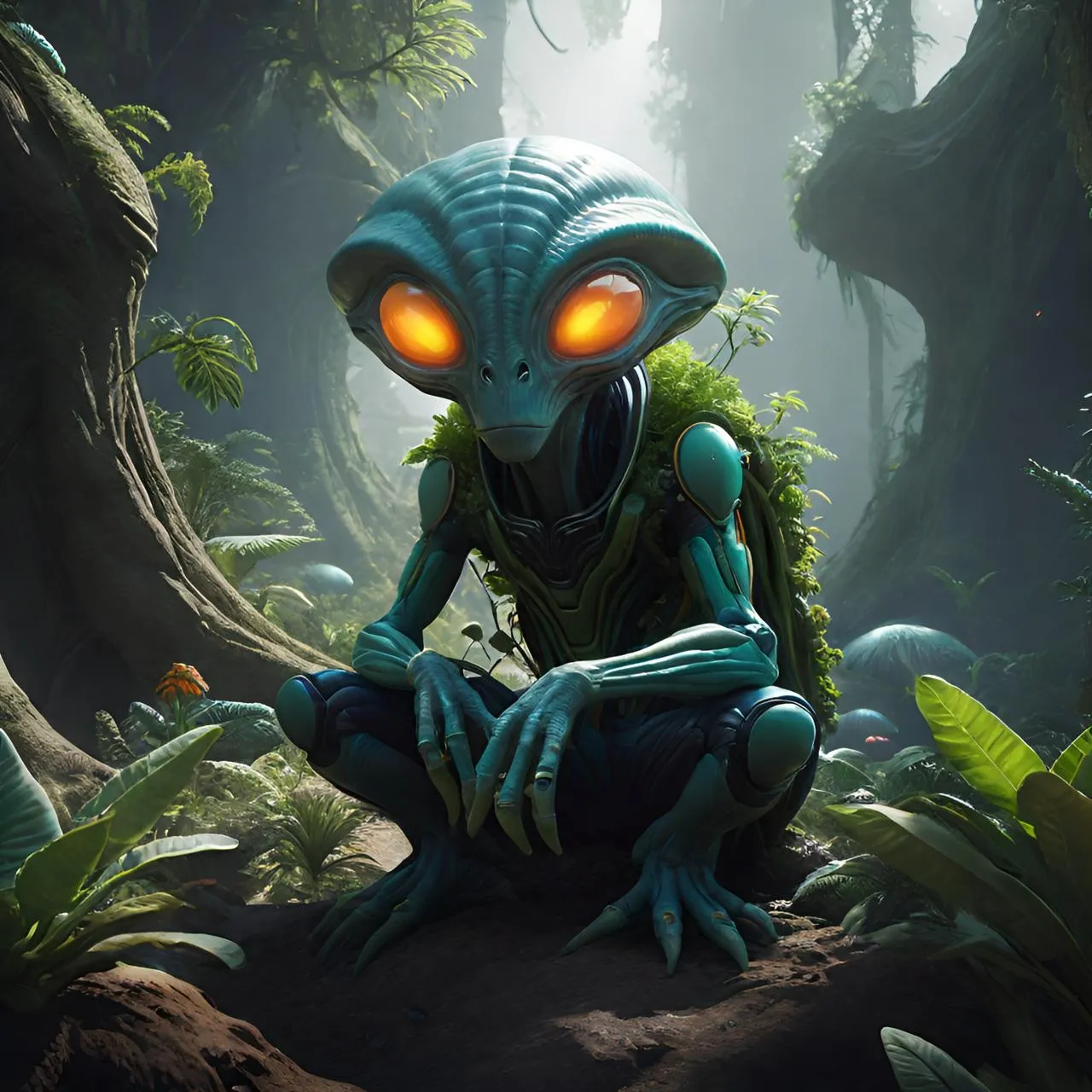 an alien sitting in the middle of a forest