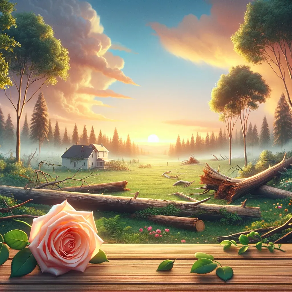 a painting of a sun rise behind a rose on a wooden table