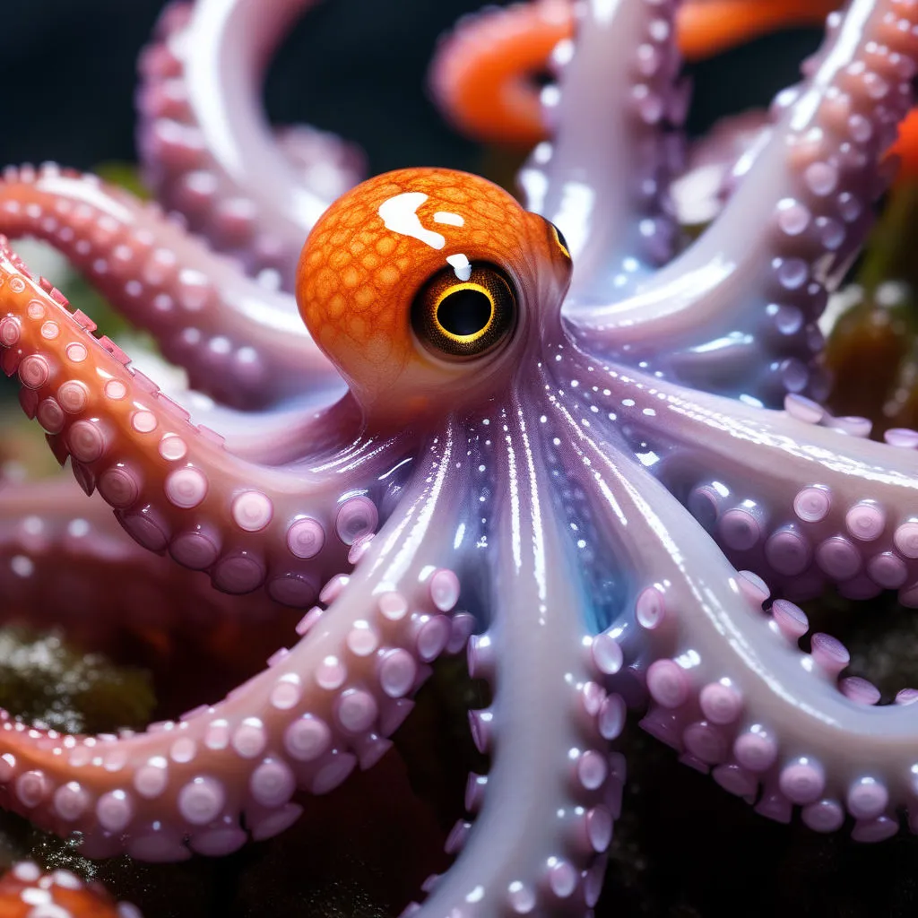 a close up of an orange and white octopus