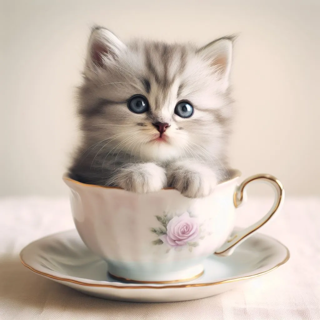 a small kitten sitting inside of a tea cup