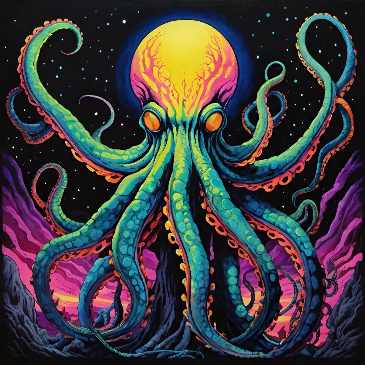 a painting of an octopus with a full moon in the background