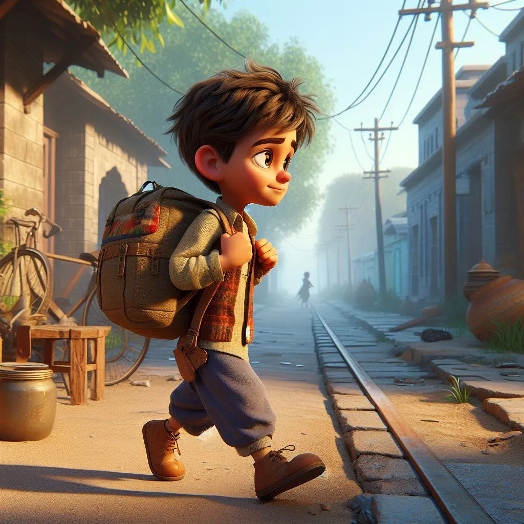 a boy with a backpack walking down a street