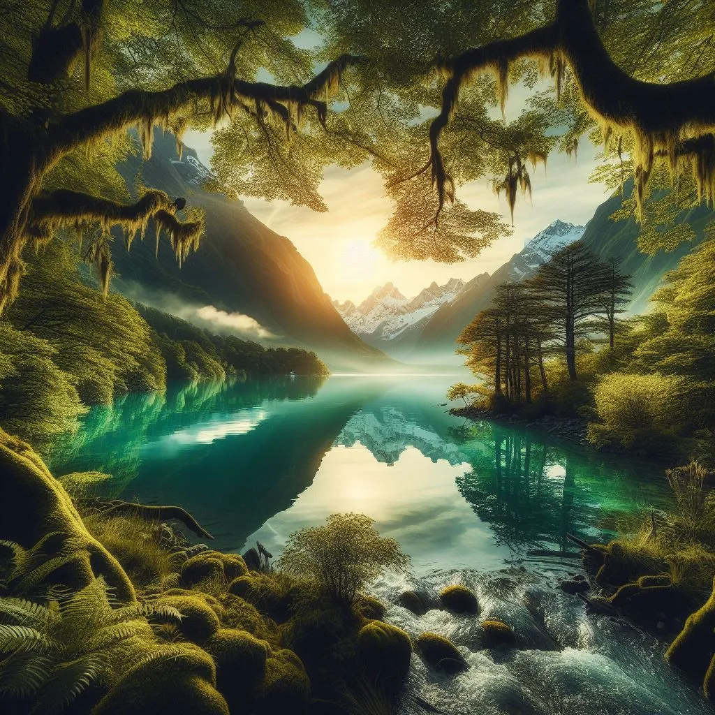 a painting of a mountain lake surrounded by trees is shaking by the air and water flow on the image