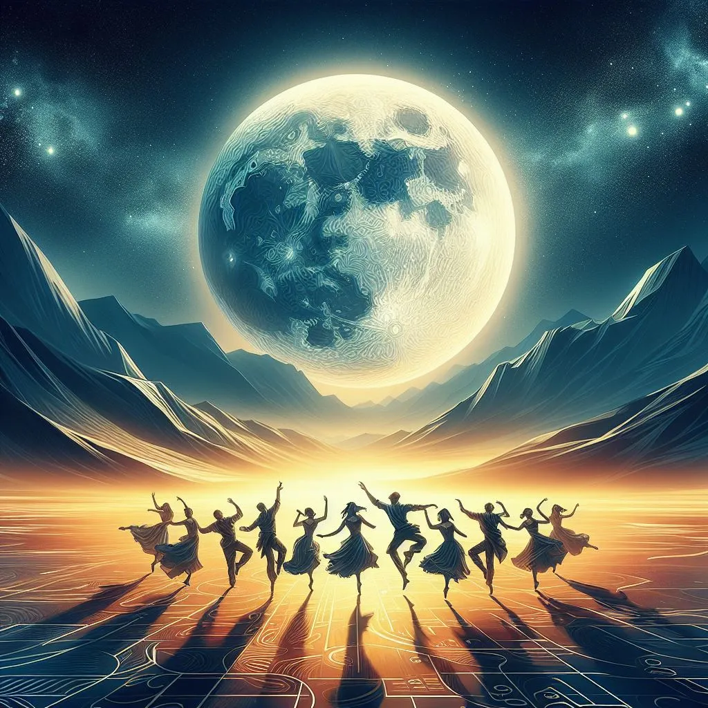 The final montage of dancers under the moonlight, moving as one, their souls refined and shining, encapsulating the essence of the moon’s rhythm guiding them through an endless, blessed night.