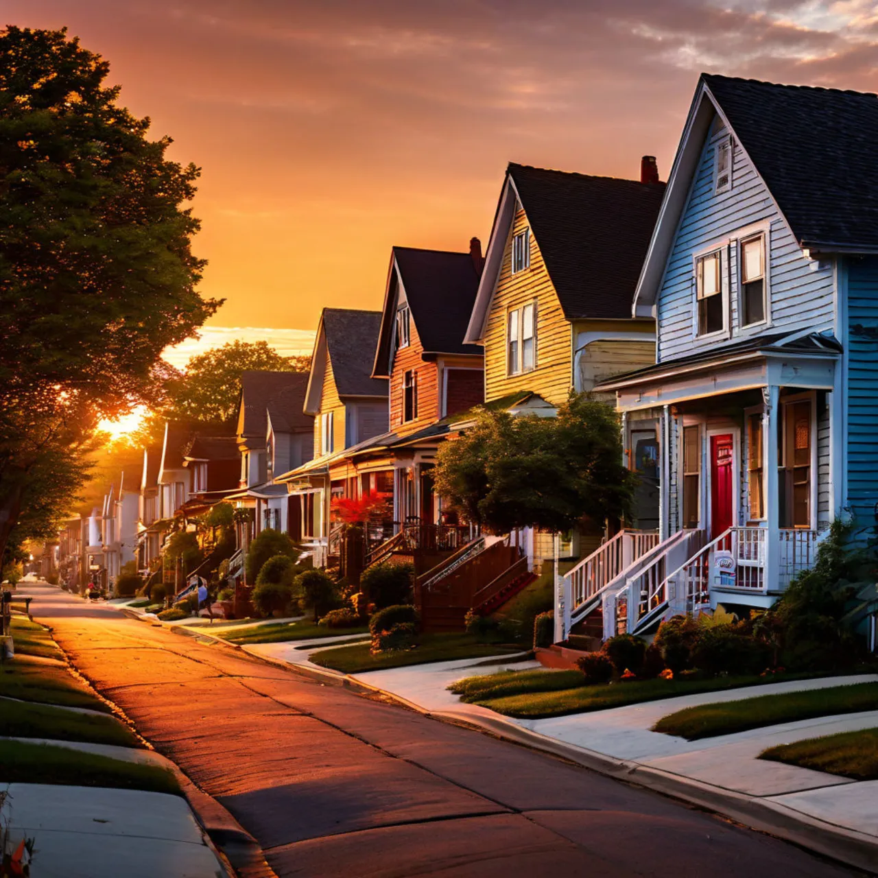 a row of houses with a sunset in the background