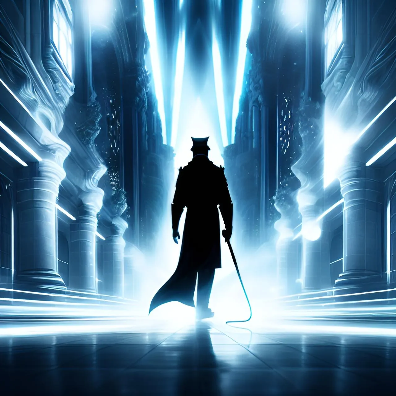 a man with a cane and a top hat walking through a hallway