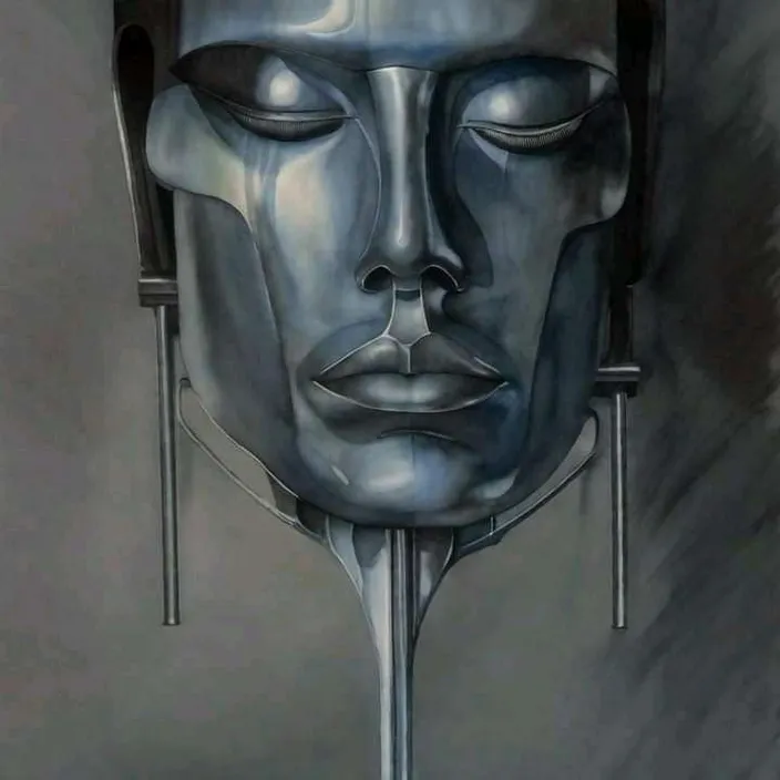 Metallic face with liquid metal dripping off. , advertising style