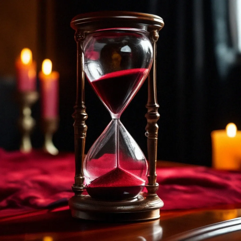 an hourglass sitting on a table with candles in the background