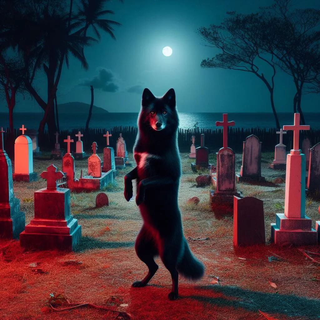 A wolf with red eyes, standing on its hind legs, in a foggy cemetery with muted color tones