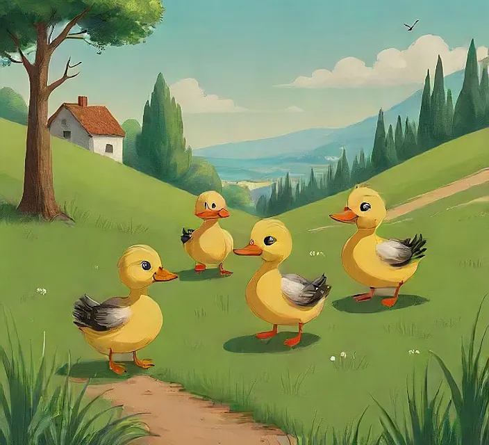 a group of ducks walking across a lush green field