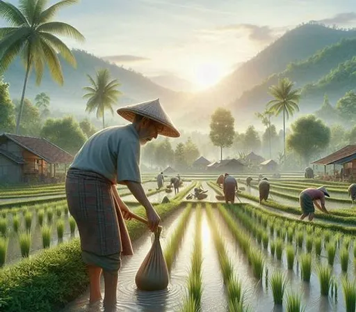 a painting of a woman working in a rice field