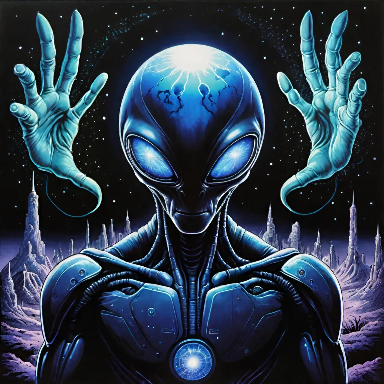 a painting of an alien holding his hands up