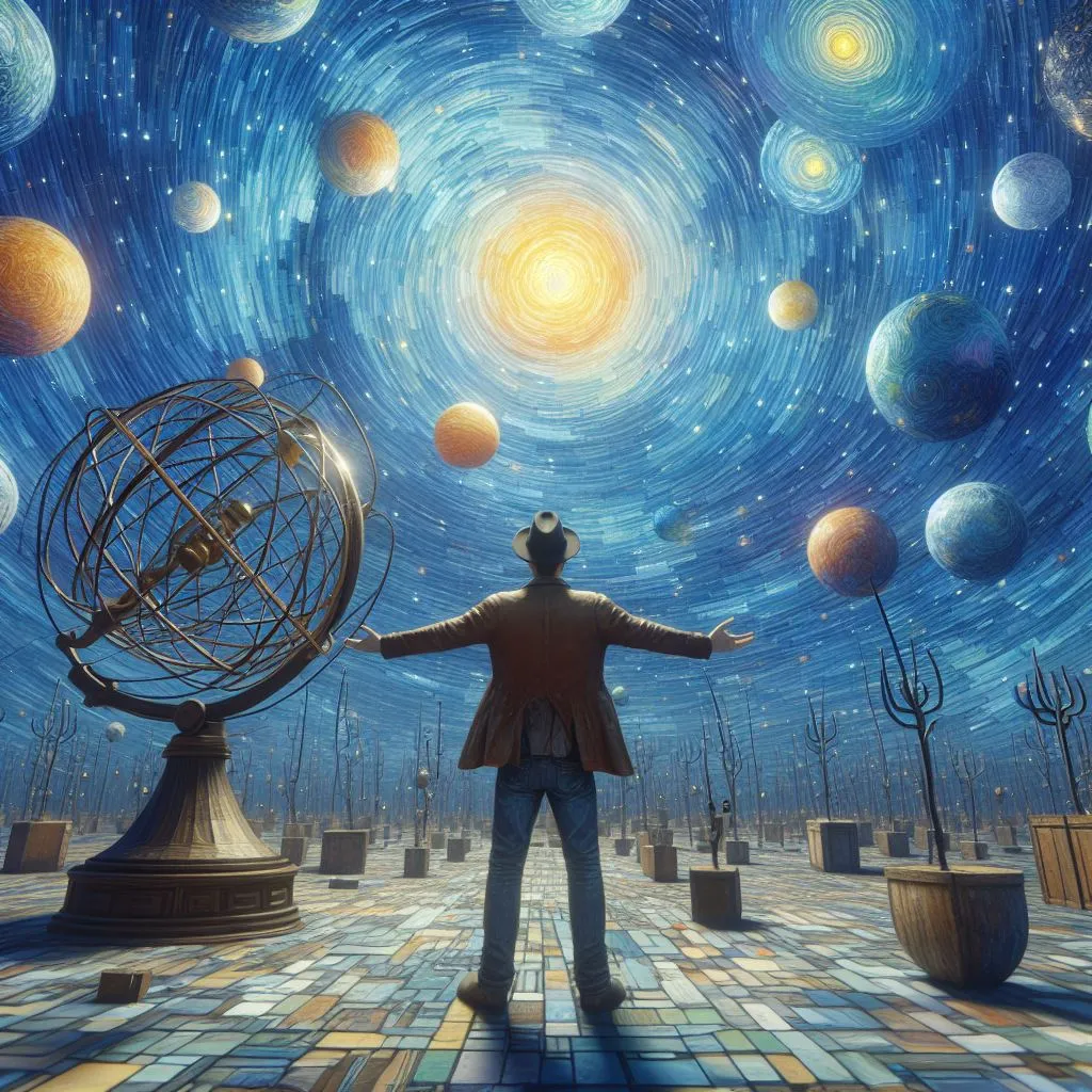 a painting of a man standing in front of a solar system