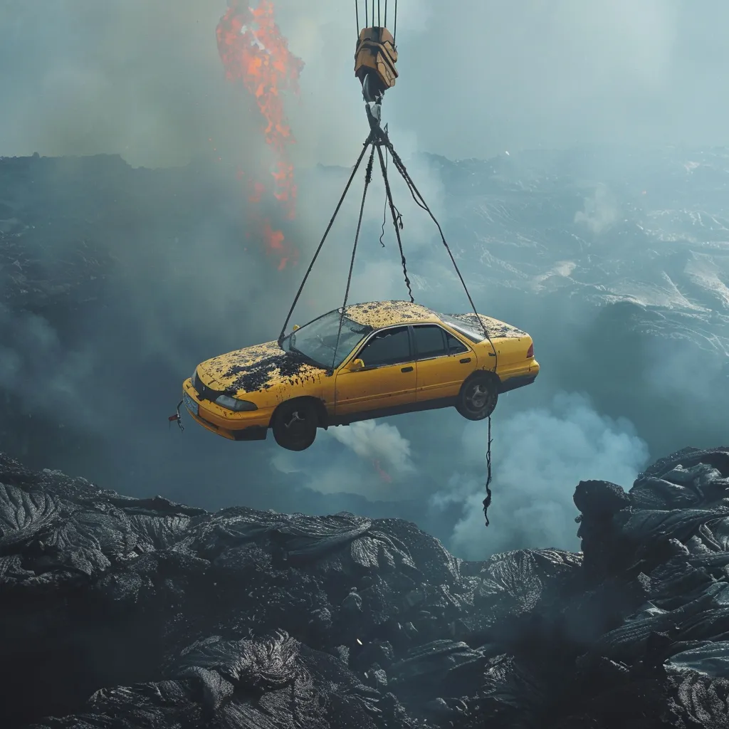 a yellow car being lifted by a crane