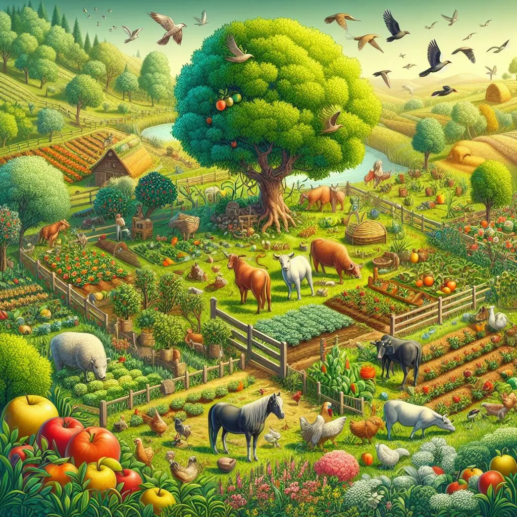 a painting of a farm with animals and birds