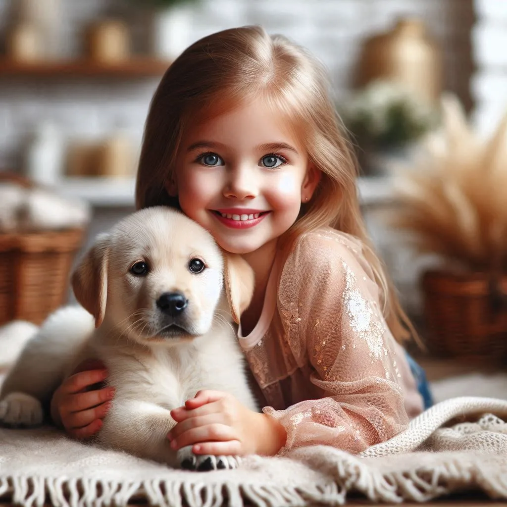 a little girl laying on the floor with a puppy