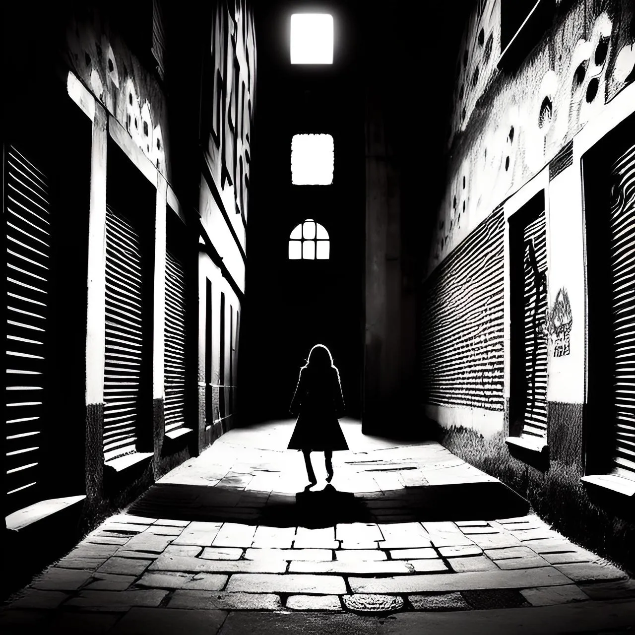 a woman walking down a dark alley way