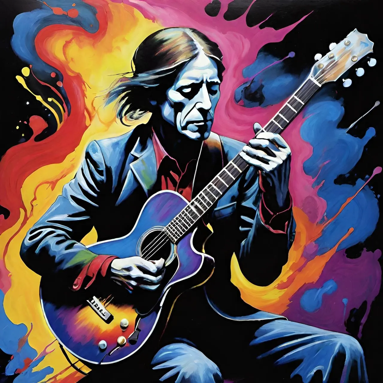 a painting of a man playing a guitar